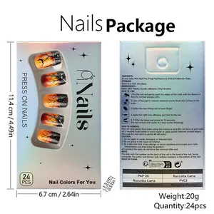 Détail de l'emballage du kit d'ongles Halloween avec motifs de chauves-souris et coucher de soleil