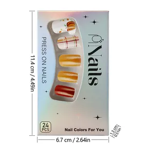 Short square press on nails with pumpkin patterns and autumn plaid glitter designs