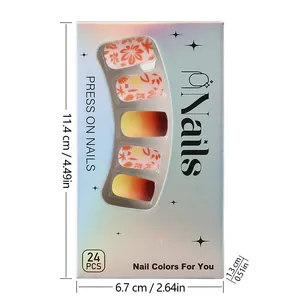 Faux ongles carrés mats courts avec dégradé jaune-rouge dans une boîte laser chic