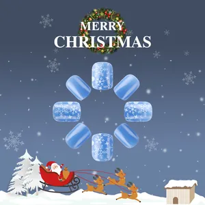 Short square light blue Christmas press-on nails with white snowflake and star patterns
