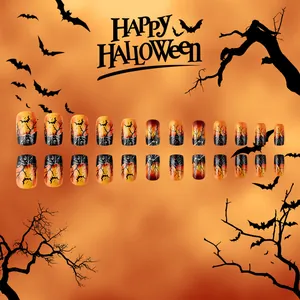 Détails de 24 faux ongles d'Halloween avec motifs d'oranges, chauves-souris et branches