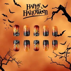 Faux ongles carrés brillants avec motifs de chauves-souris et design d'Halloween
