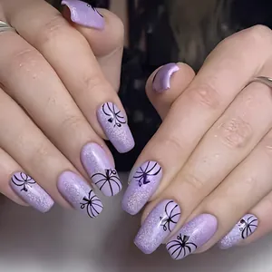 Faux Ongles à Presser Violet Pailleté Carré Court Halloween Citrouille Toile Araignée Avec Colle Gelée Pour Femme