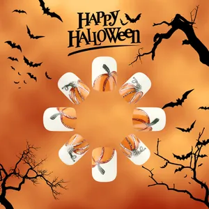 Detail of 24pcs Halloween press-on nails featuring orange pumpkin and silver glitter