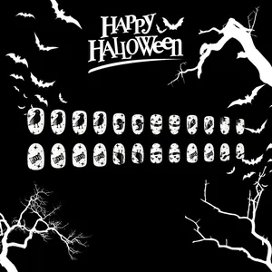 24pcs Halloween press-on nails featuring black and white spider webs, ghosts and pumpkins