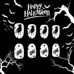 Detail of Halloween ghost nails with black crow and Booo text on white oval fake nails