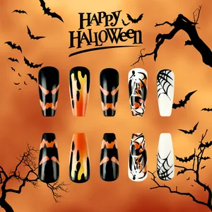 Unghie finte lunghe a bara lucide con motivi di Halloween ragnatela e zucca