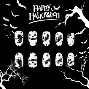 Halloween press-on nails set with black and white ghost pumpkin and bat designs