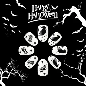 Halloween press-on nails set featuring black and white spider web and ghost designs