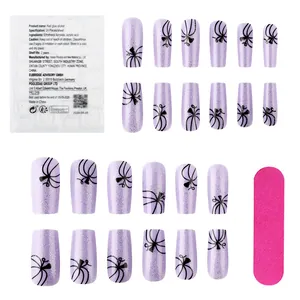 Kit de 24 faux ongles violet brillant avec autocollants gelée et lime à ongles