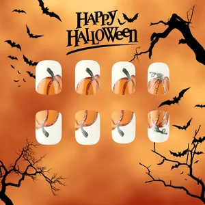 Halloween pumpkin press-on nails featuring 24 pieces with orange pumpkin art and silver glitter