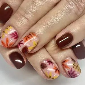 Uñas Postizas de Hoja de Membrillo de Otoño Corto Cuadrado Brillante Rojo Vino Marrón Uñas Artificiales Decoración de Manicura para Mujer