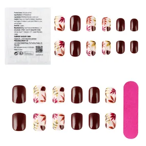 Uñas postizas cuadradas cortas con hojas de Arce, lima y pegatinas de gelatina incluidas