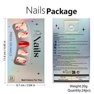 Short almond press-on nail kit with red leaf accents and laser holographic packaging box