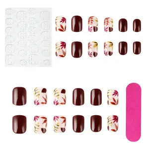Uñas postizas cortas cuadradas burdeos con diseño de hojas de otoño y kit de lima