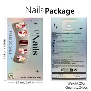 Uñas postizas cortas cuadradas con diseño de hojas rojas y kit completo de aplicación rápida