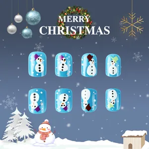 Short square light blue fake nails with snowman print and glitter for Christmas