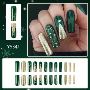 Christmas dark green and gold glitter press-on nails with minimalist tree designs
