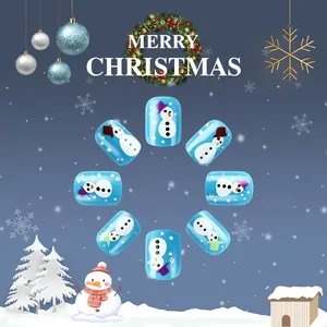 Short glossy light blue Christmas press-on nails featuring cute snowman patterns