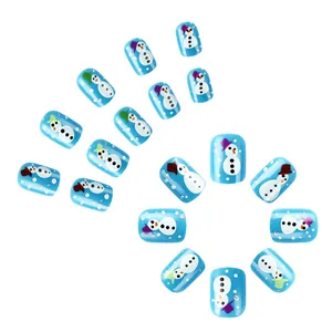 Short blue Christmas press-on nails with cartoon snowmen and silver glitter patterns