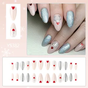 Short glossy Christmas press-on nails set with silver glitter and heart deer designs