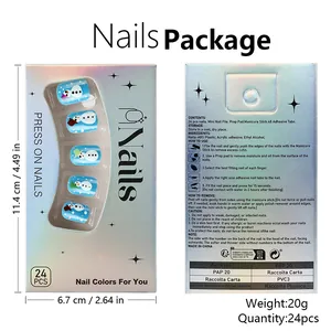 Detailed view of winter snowman blue press-on nails set with tools and instructions
