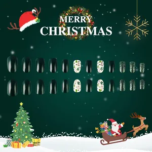 Christmas press-on nails with dark green, glittery, and festive tree designs, 24-piece set
