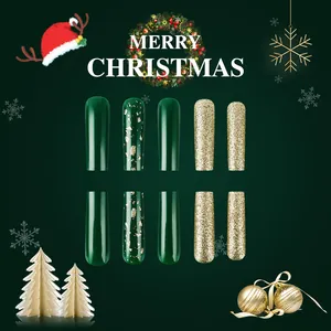 Christmas press-on nails in vintage dark green and gold glitter with festive tree design
