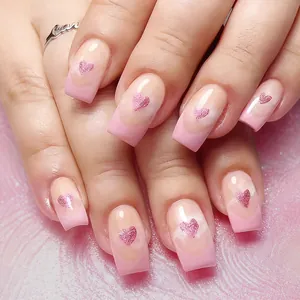 Pink French Tip Short Square Press On Nails Glossy Fake Nails With Glitter Heart Design For Valentine's Day Women Manicure
