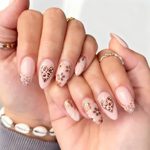 French Leopard Heart Press On Nails Almond Shape Floral Gold Glitter Design Glossy Nude Pink Fake Nails For Women Daily Wear