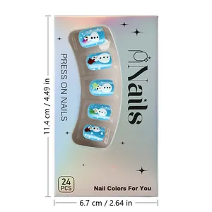 Detail view of winter blue snowman press-on nails packaging with 24 piece set specifications