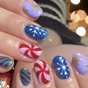 Christmas Press On Nails Set Short Glossy Glitter Snowflakes Star Pattern Festive Party Fake Nails For Women Manicure Decor