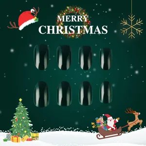 Glossy dark green almond press-on nails set with festive Christmas holiday theme designs