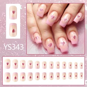 Short pink square press-on nails set with glitter hearts and French tips 24pcs