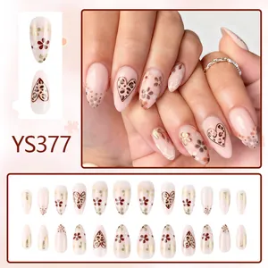 French leopard heart press-on nails set with almond shape and 24 pieces for women