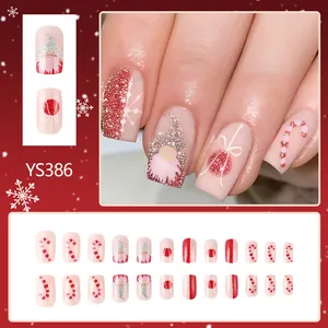 Short square pink Christmas press-on nails with Santa Claus and candy cane designs