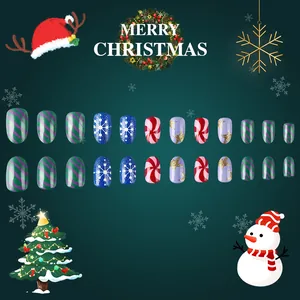 24pcs Christmas press-on nails set with red green swirls and snowflake glitter designs