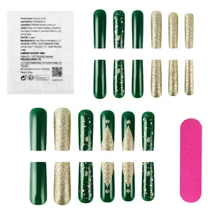 Detailed Christmas press-on nail kit with dark green glitter tips and star patterns