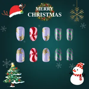 Detailed view of Christmas press-on nails featuring stars, candy swirls and festive stripes
