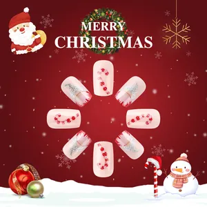 Short square glossy pink press-on nails with Christmas Santa and candy cane glitter designs