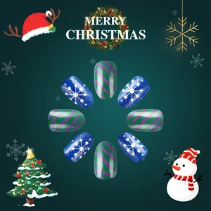 Christmas press-on nails set with blue snowflake designs and red green festive patterns