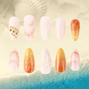 3D seashell and flower relief almond press-on nails with summer ocean theme 24pcs