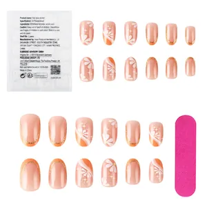 Flat lay of French daisy press-on nail kit with 24 pieces, jelly glue, and pink file