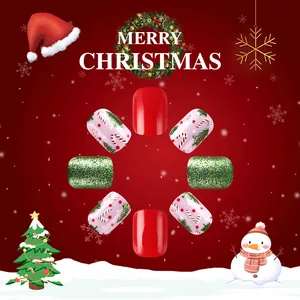 Short glossy Christmas press-on nails featuring red green trees and candy cane art