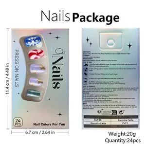 Detail of 24pcs Christmas press-on nails set with festive art and laser packaging box