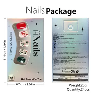 Detail view of 24pcs Christmas press-on nails set with tools and size dimensions