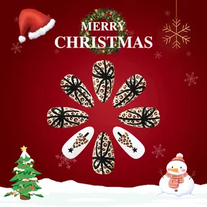 Short matte leopard print Christmas press-on nails with bow and festive tree designs