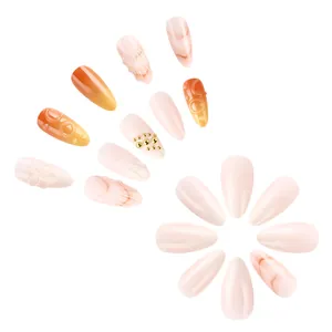 3D embossed press-on nails with seashell flowers and beads in almond shape set of 24