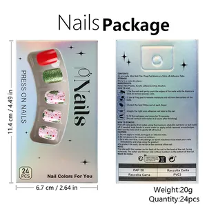 Detailed back and front packaging of Christmas press-on nails with size measurements
