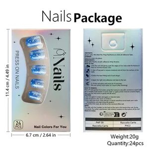 Detailed packaging dimensions and back information for blue snowflake press-on nails set